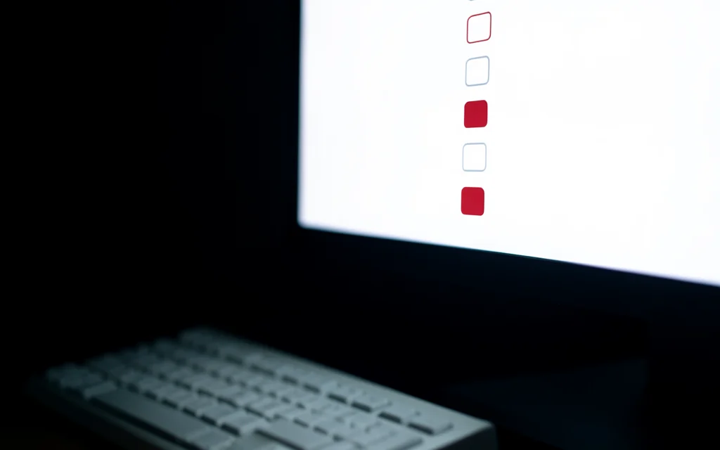 Pantalla de computador encendida en una sala a oscuras, con una columna de casillas de un cuestionario y un teclado en primer plano