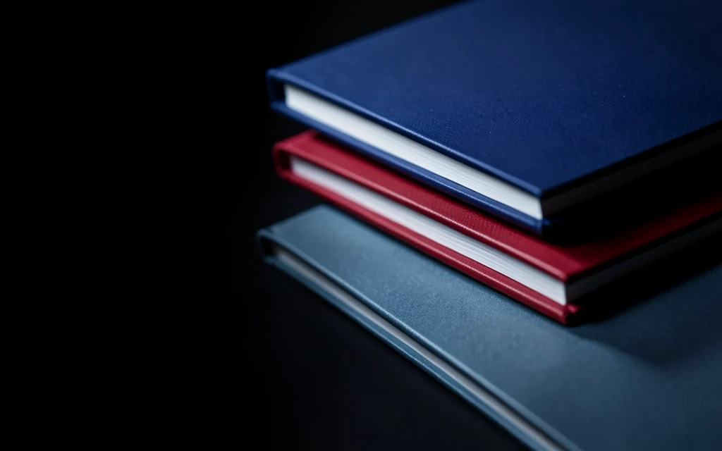 Tres cuadernos apilados y desfasados sobre fondo oscuro: azul marino, rojo y azul acero, uno por lista